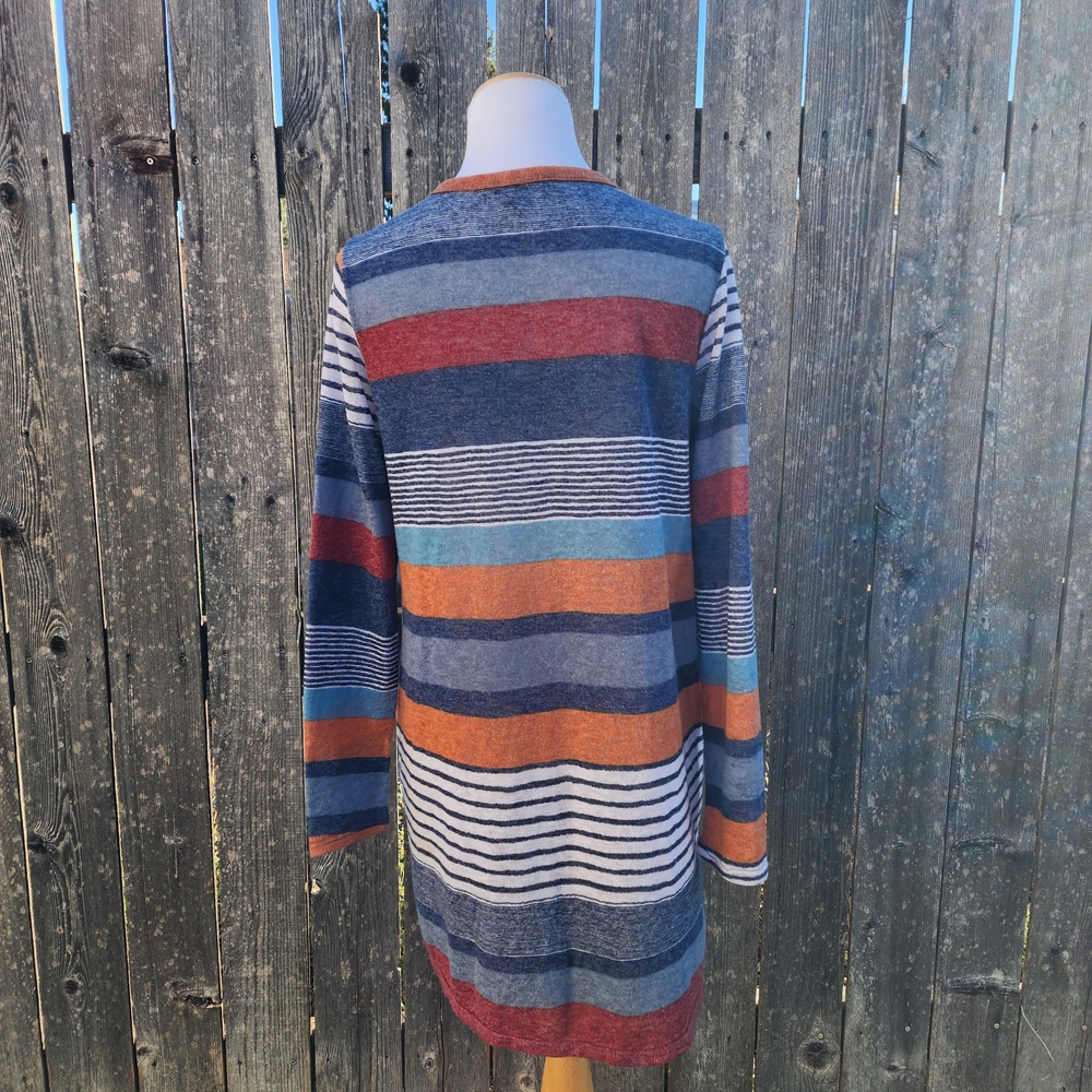 Bombom Cardigan Sweater Striped Long Sleeve Womens Large Made In USA Earth Tones - Picture 2 of 6